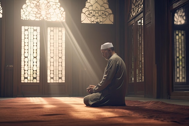 Un hombre musulmán religioso rezando dentro de la mezquita