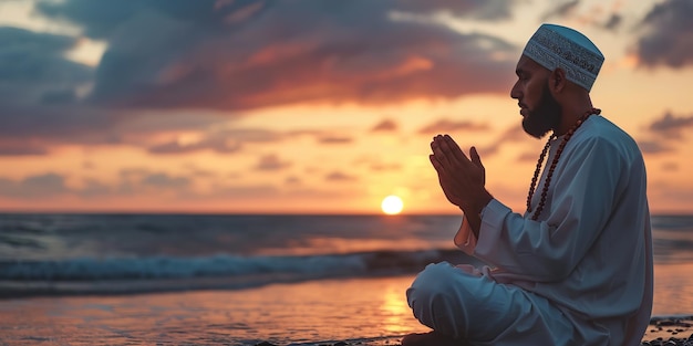 Hombre musulmán con rosario orando al atardecer