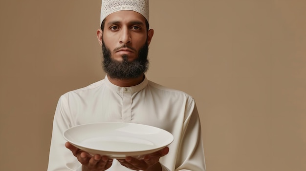 Un hombre musulmán con vestimenta islámica con un plato en blanco contra un telón de fondo de melocotón limpio con un espacio vacío para texto o producto IA generativa