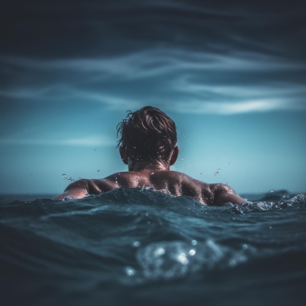 Un hombre nada en el océano con la palabra "mar" en la espalda.