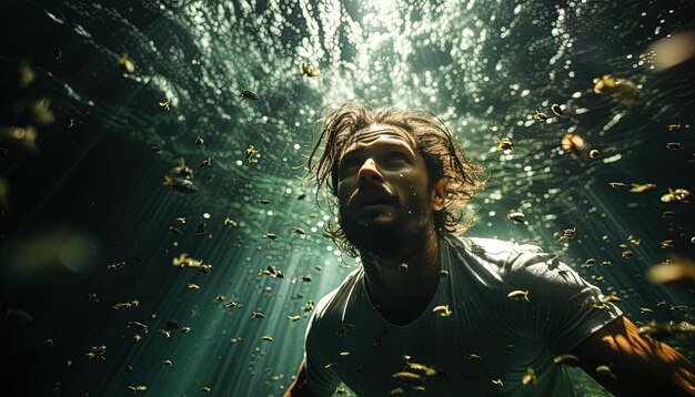 Foto un hombre nada en el océano con el sol brillando a través del agua