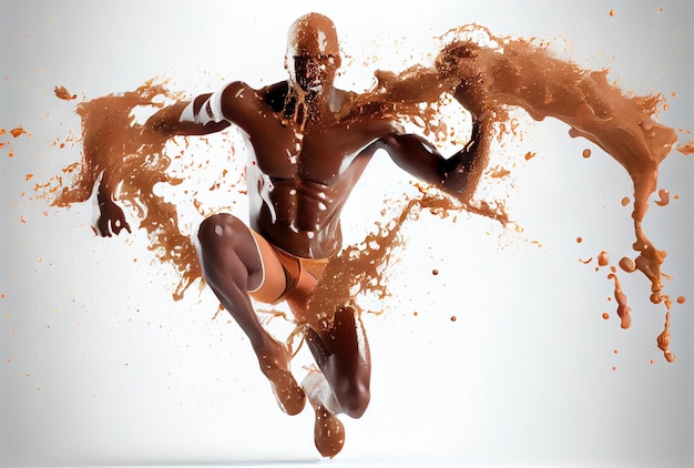 Hombre nadador hecho de chocolate y leche sobre fondo blanco Concepto de deporte y atleta IA generativa