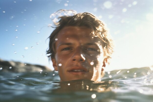 Un hombre nadando en el agua con el sol brillando en su rostro.