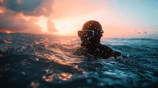 Hombre nadando en el océano al atardecer El agua es cristalina