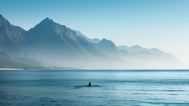 Foto hombre nadando en el océano con un telón de fondo de montaña aventura acuática serena en medio de majestuosos paisajes naturales