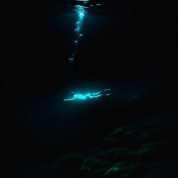 Foto un hombre está nadando en la oscuridad bajo una luz azul