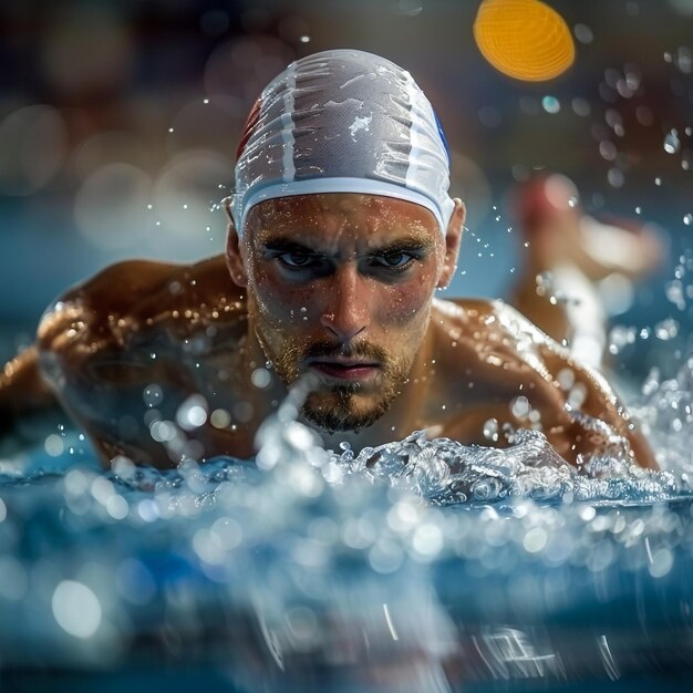 un hombre nadando en una piscina con el número 7 en la cabeza