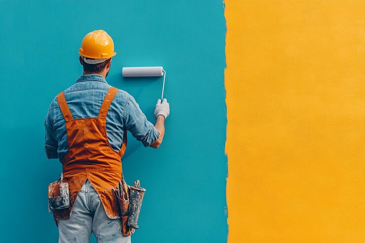 Foto un hombre de naranja está pintando una pared azul con las palabras "duro" en él