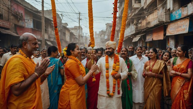 Foto un hombre de naranja está de pie al lado de una mujer de narenja