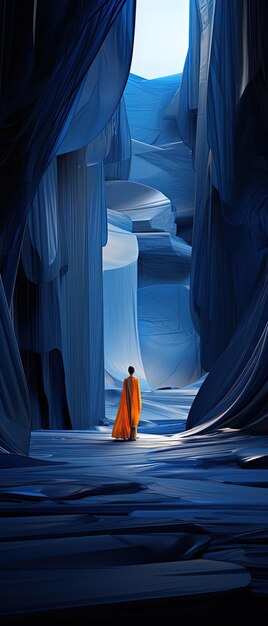 Foto un hombre de naranja está de pie frente a una pared azul y blanca con un hombre en una túnica naranja
