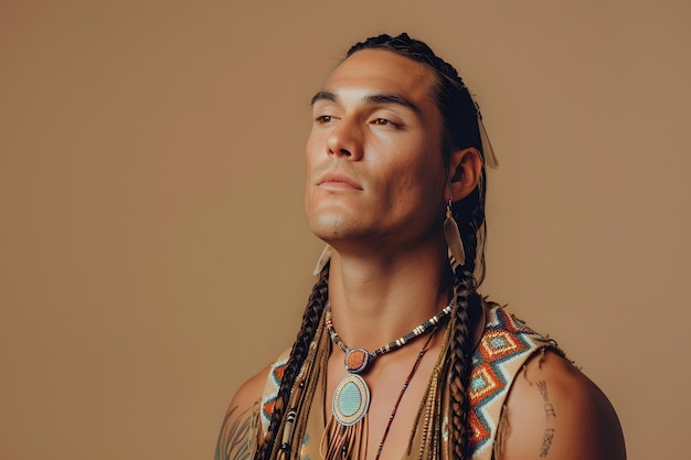 Foto hombre nativo americano con cabello trenzado y joyas culturales de pie en un fondo de estudio beige