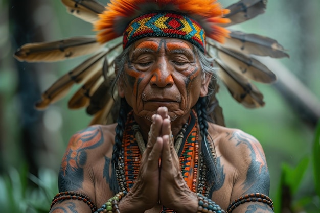 Foto hombre nativo americano orando con tocado