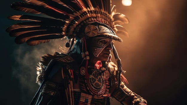 Un hombre nativo con un traje nativo se para frente a un cielo lleno de humo.