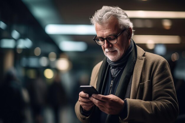 Hombre navegando por Internet con su teléfono inteligente en la terminal del aeropuerto esperando un vuelo