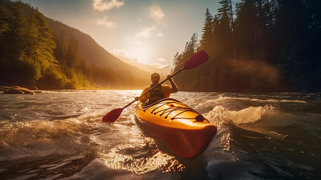 Un hombre navegando en kayak por un río con la palabra "kayak" en el frente.