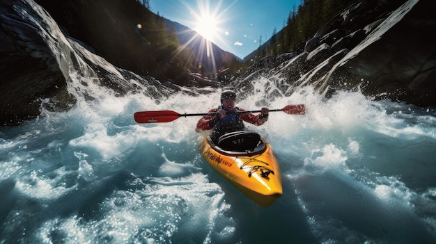 Un hombre navegando en kayak por un río con el sol brillando sobre su casco.