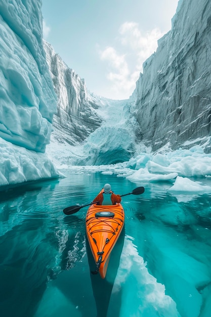 Foto hombre navegando en el mar con su kayak