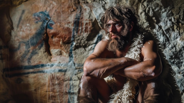 Foto hombre de neandertal sentado en una cueva retrato de un hombre de las cavernas barbudo contra el arte primitivo en la escena de la pared de piedra de la era prehistórica concepto de homo sapiens gente antigua edad de piedra