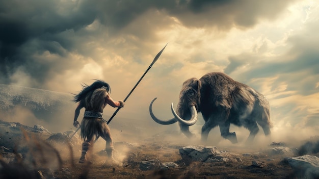 Foto el hombre de neanderthal con la lanza se enfrenta al mamut lanudo cazador primitivo y animal en la era prehistórica concepto de hombre de las cavernas gente antigua pelea épica edad de piedra