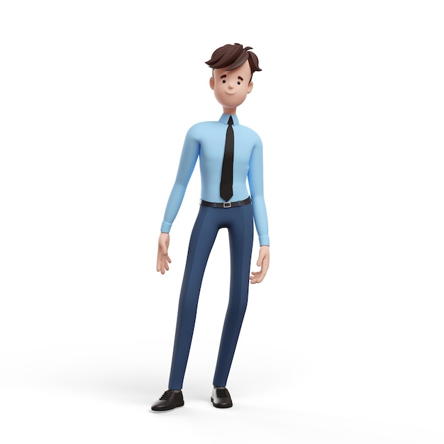 Hombre de negocios 3D de pie relajado Retrato de un tipo de dibujos animados divertido en una camisa y corbata Gerente de personaje director agente agente inmobiliario Ilustración 3D sobre fondo blanco