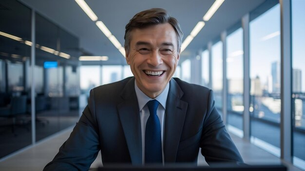Un hombre de negocios adulto feliz saludando a alguien durante una videoconferencia en la oficina a la que está mirando