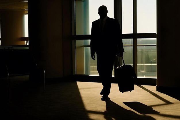 Foto hombre de negocios en un aeropuerto internacional moviéndose a la puerta de la terminal para un viaje en avión red neuronal arte generado por ia