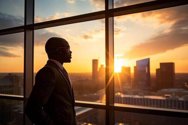 Foto hombre de negocios afroamericano al atardecer en un edificio