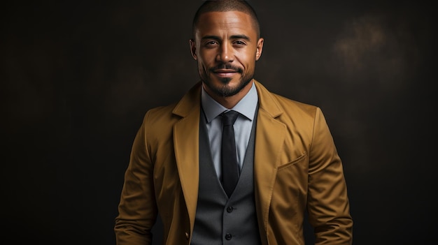 Hombre de negocios afroamericano guapo en traje sobre un fondo oscuro