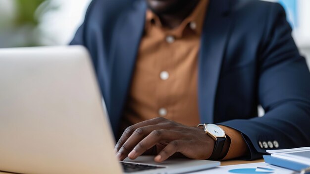 hombre de negocios afroamericano trabajando en una computadora portátil en la oficina