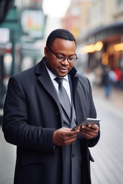 hombre de negocios afroamericano en un traje formal y en gafas con un teléfono inteligente