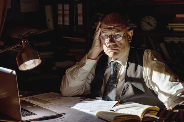 Foto un hombre de negocios agotado y cansado se frota las sienes en medio de papeles y el resplandor de la computadora portátil en una oficina débilmente iluminada