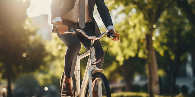 Hombre de negocios alegremente en bicicleta en un parque iluminado por el sol mezclando la vida profesional con el ocio IA generativa