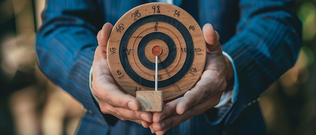 Foto un hombre de negocios de alto objetivo establece objetivos estratégicos con cubos goal e icono de dartboard