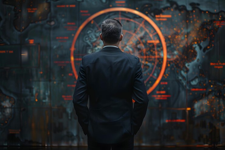 Un hombre de negocios analizando datos globales en un mapa de alta tecnología
