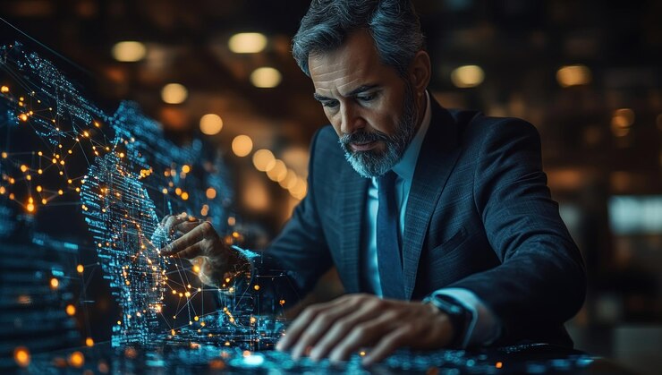 Un hombre de negocios analizando datos en un mapa digital