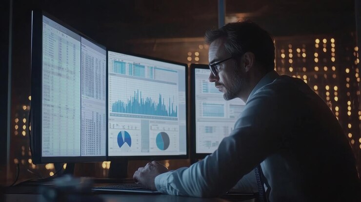 Foto un hombre de negocios analizando datos en múltiples monitores