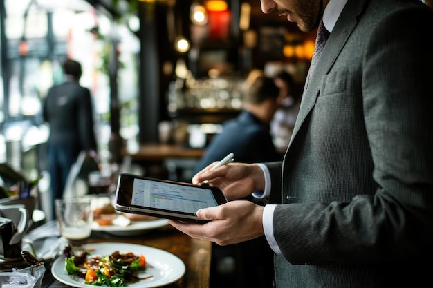 Un hombre de negocios analizando el gráfico de Gantt en una tableta con un lápiz en un restaurante