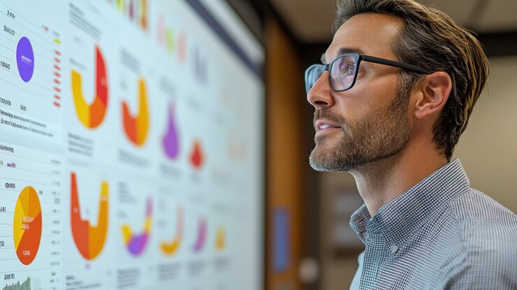 Foto el hombre de negocios analizando gráficos de datos