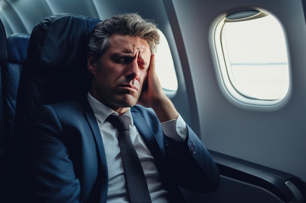 Un hombre de negocios ansioso a bordo de un avión turbulento