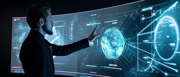 Un hombre de negocios apuntando a su presentación en la pantalla digital futurista frente a la cara