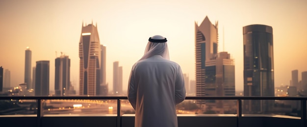 Un hombre de negocios árabe del Medio Oriente mirando hacia el horizonte de una ciudad moderna