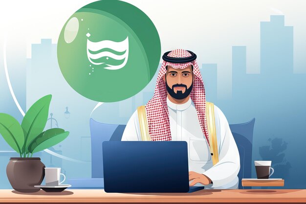 Hombre de negocios árabe saudita sentado con una computadora portátil enfrente teniendo una reunión en línea IA generativa