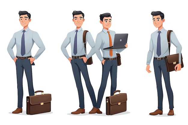 Hombre de negocios asiático concepto de personaje de dibujos animados en ropa de estilo de oficina hombre de negocios guapo sostiene maletín y portátil