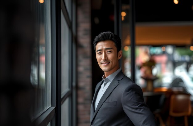 Hombre de negocios asiático guapo sonriendo con espacio personalizable para texto Concepto de liderazgo