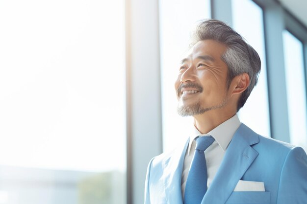 Hombre de negocios asiático de mediana edad en traje azul con expresión feliz