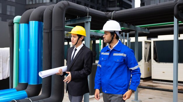 El hombre de negocios asiático y el propietario del edificio de oficinas y el ingeniero energético planean un proyecto para construir un panel solar para el edificio en construcción concepto de energía alternativa limpia y verde