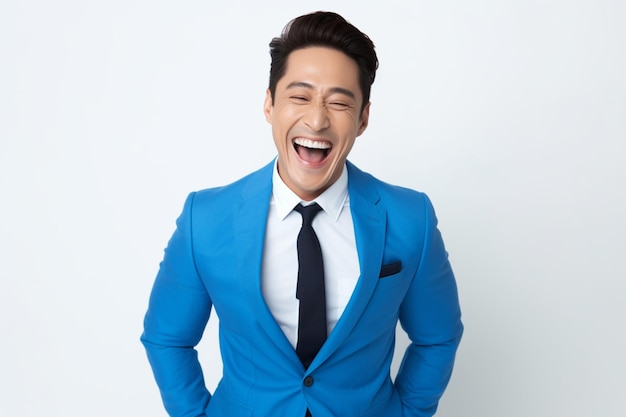 Hombre de negocios asiático riendo con traje azul