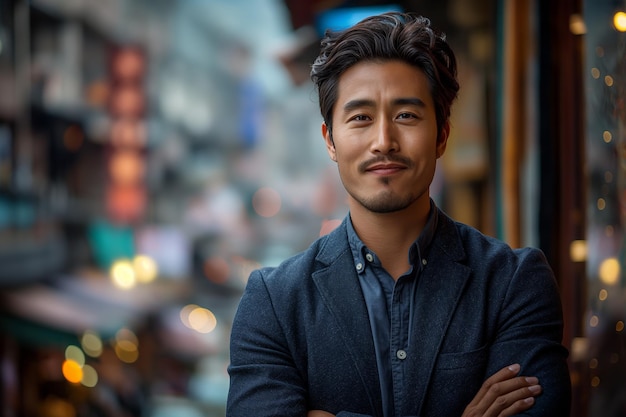 El hombre de negocios asiático se para sonriendo con confianza.