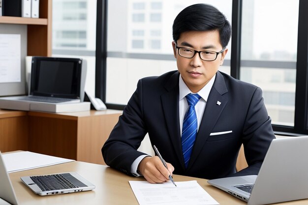 Hombre de negocios asiático trabajando en una computadora portátil en una oficina profesional