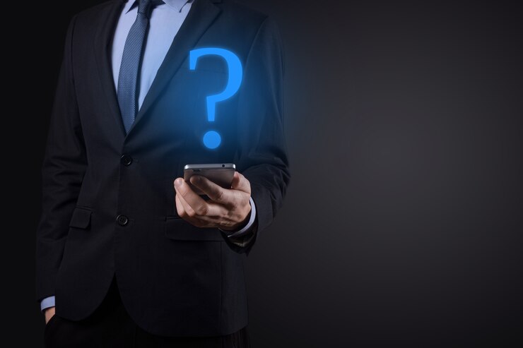 Foto hombre de negocios, asimiento de la mano, interfaz, signos de interrogación, señal, tela